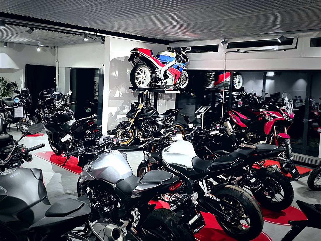 Moto Stacker in a motorcycle showroom